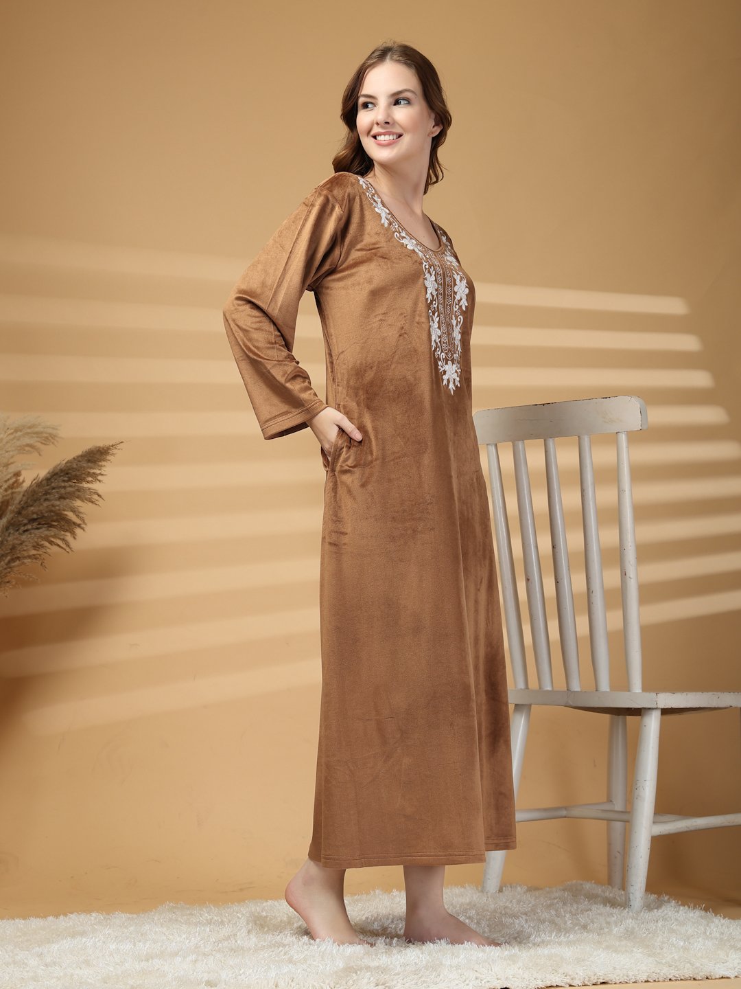 Klotthe Brown Solid Soft touch Velvet Maxi Nightdress