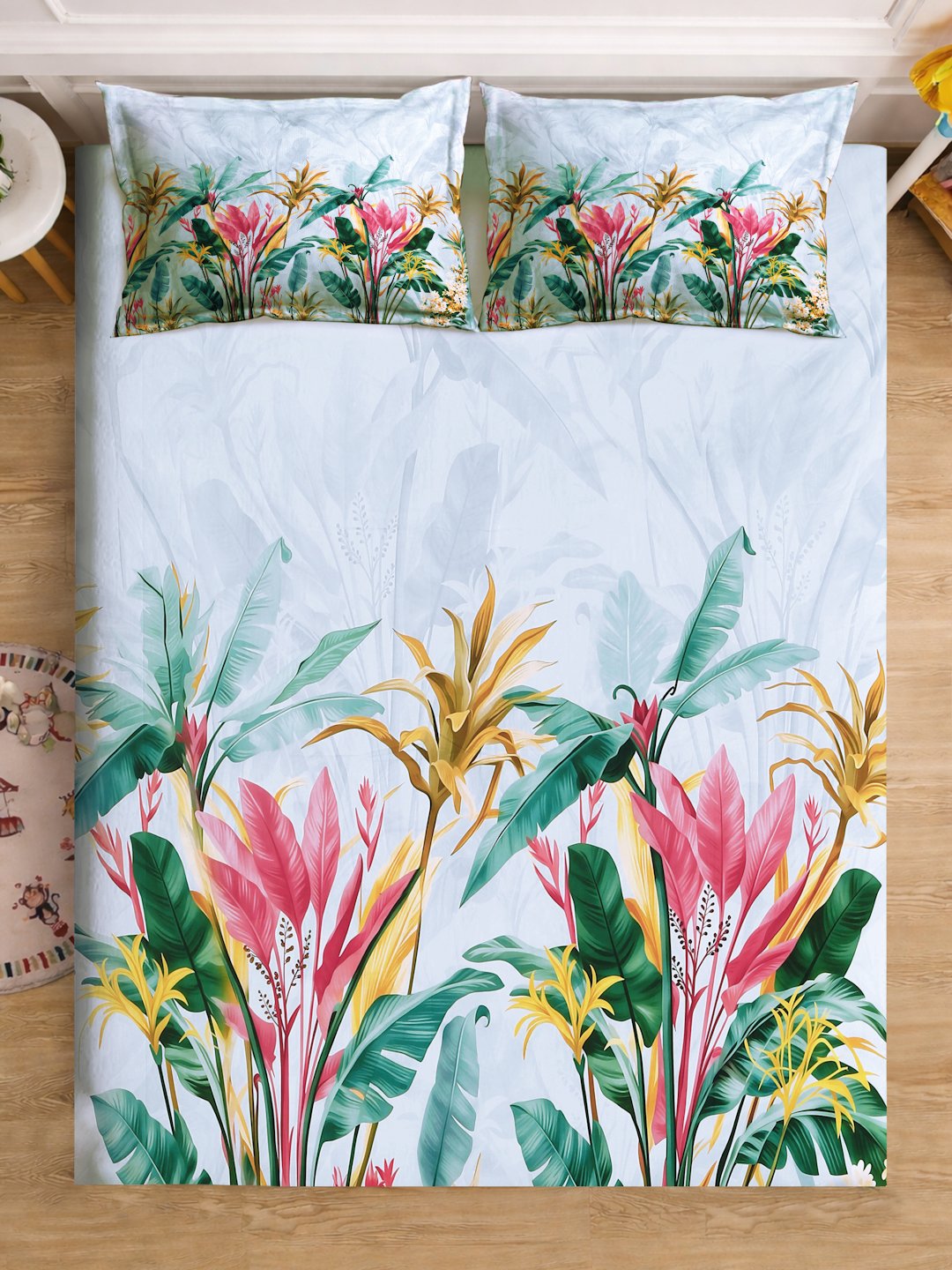 SkyBlue Digital Floral Printed Cotton Blend Double Bedsheet with 2 Pillow Covers