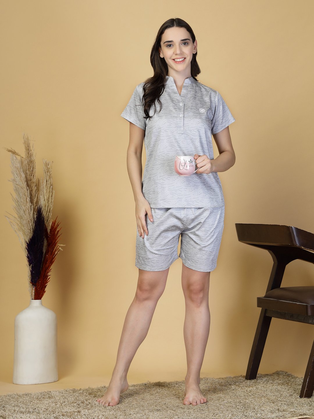 Women Grey Abstract Pure Cotton Night Suit