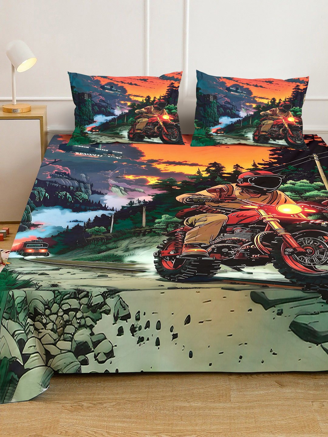Green Digital Graphic Printed Cotton Blend Fitted Double Bedsheet with 2 Pillow Covers