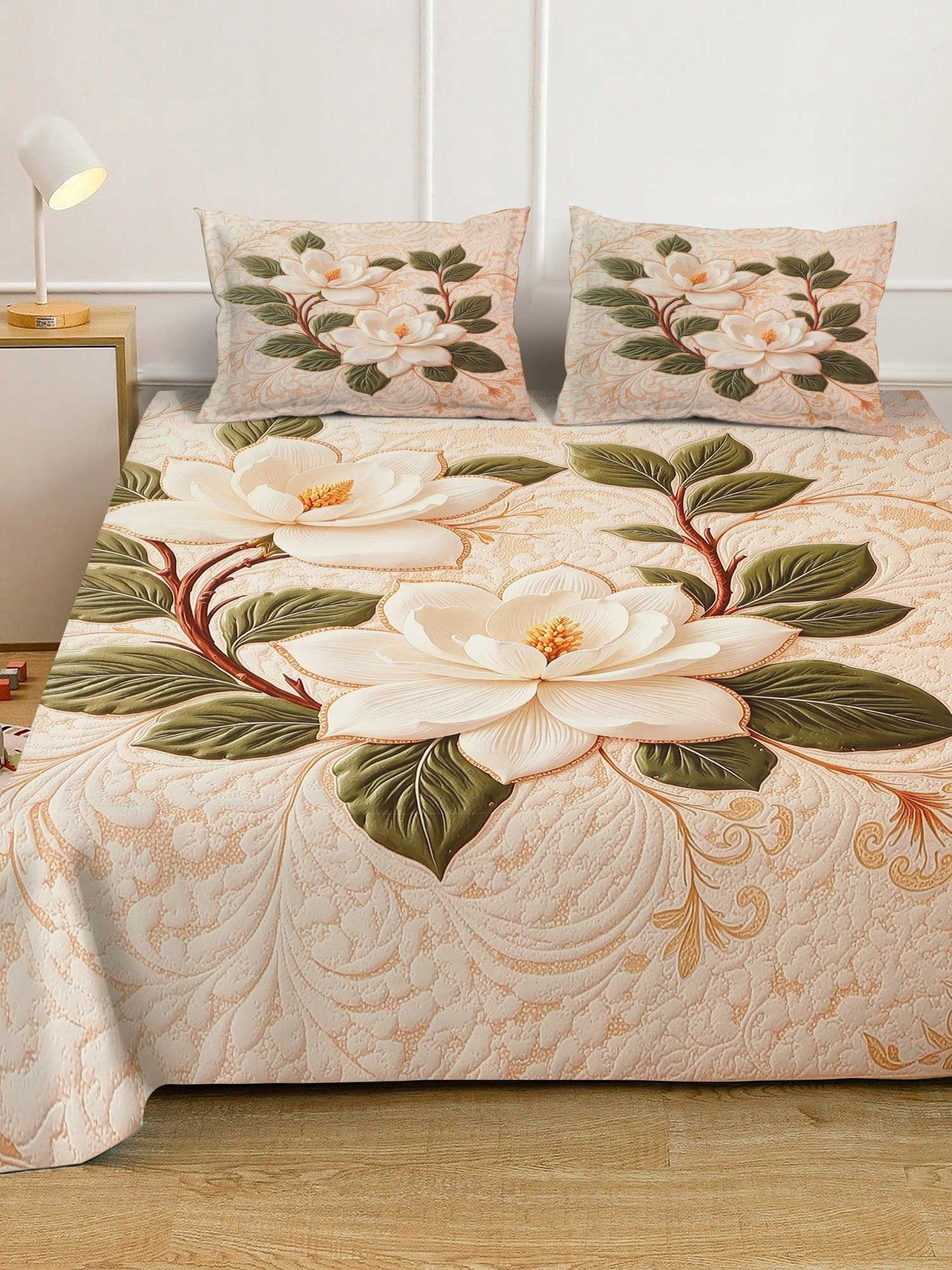 Cream Digital Floral Printed Cotton Blend Double Bedsheet with 2 Pillow Covers
