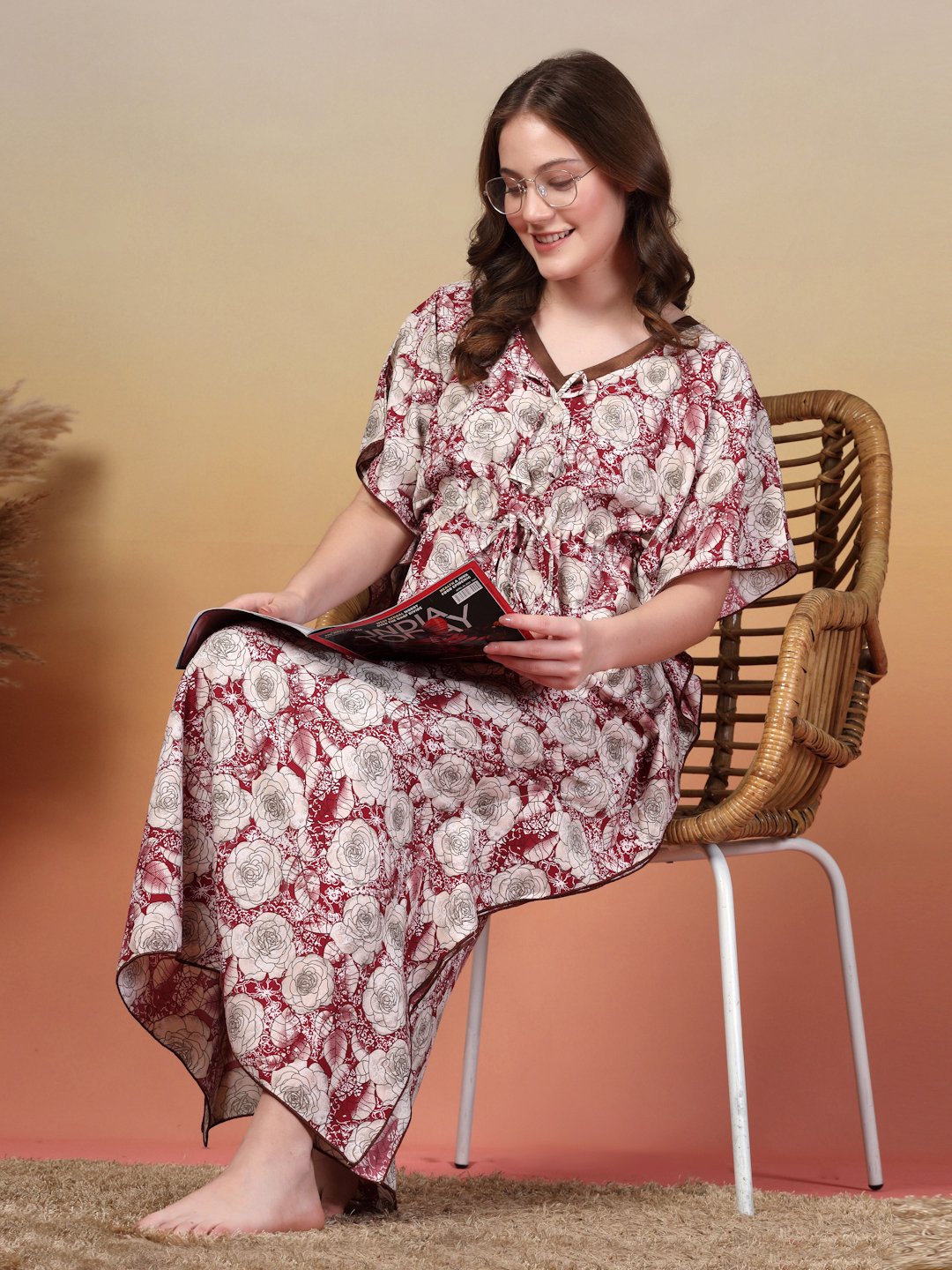 Maroon Floral Cotton Blend Kaftan Maxi Nightdress