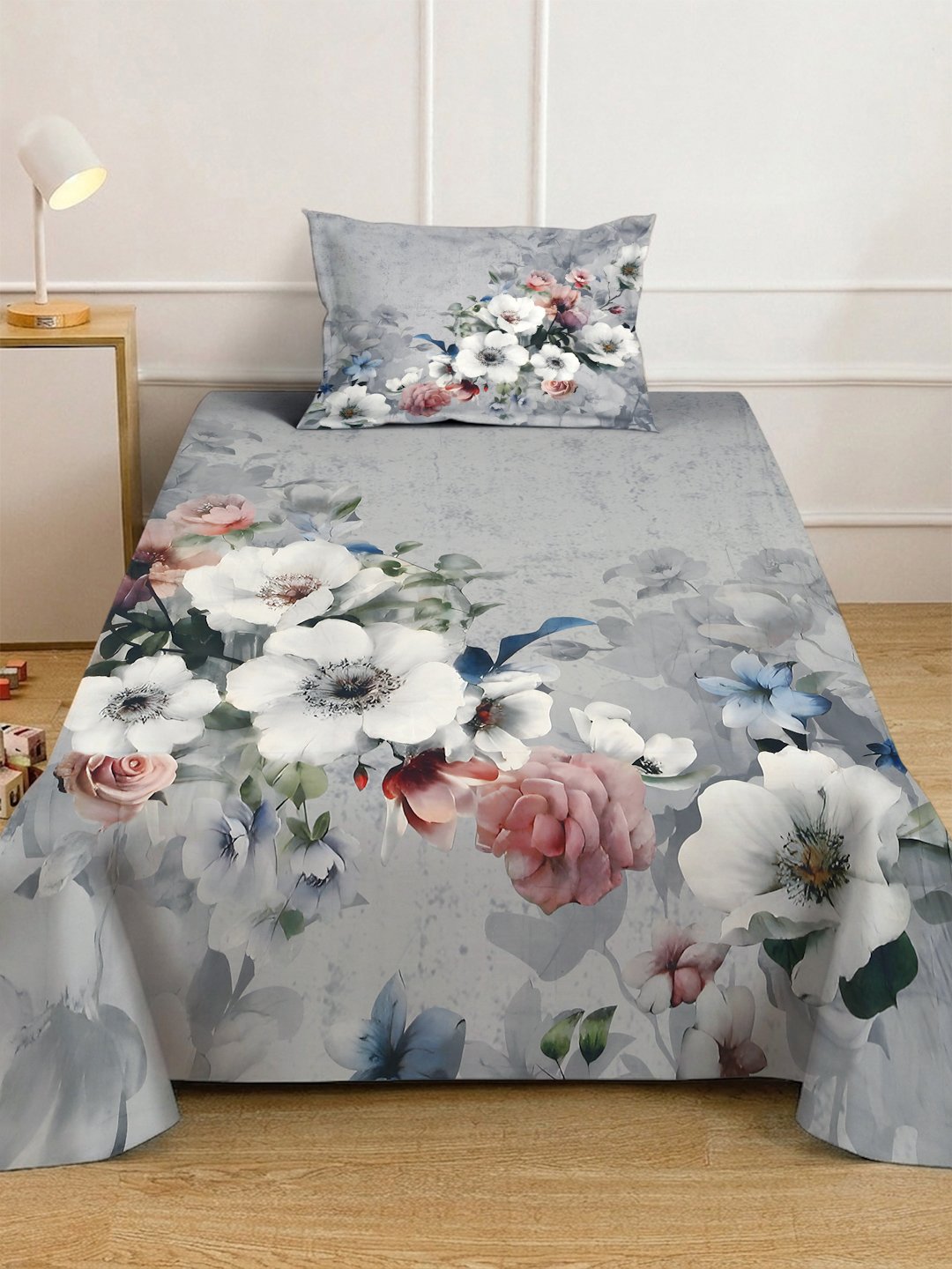 Grey Digital Floral Printed Cotton Blend Single Bedsheet with Pillow Cover
