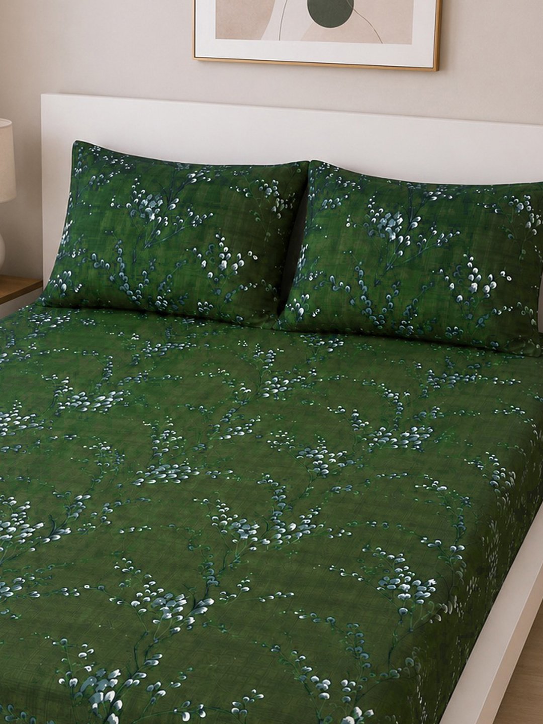 Green Floral Cotton Blend Double Bedsheet with 2 Pillow Covers