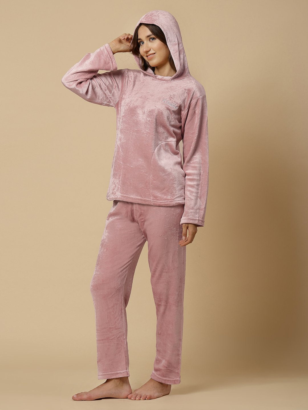 Klotthe Women Pink Wool Blend Solid Hooded Night Suit