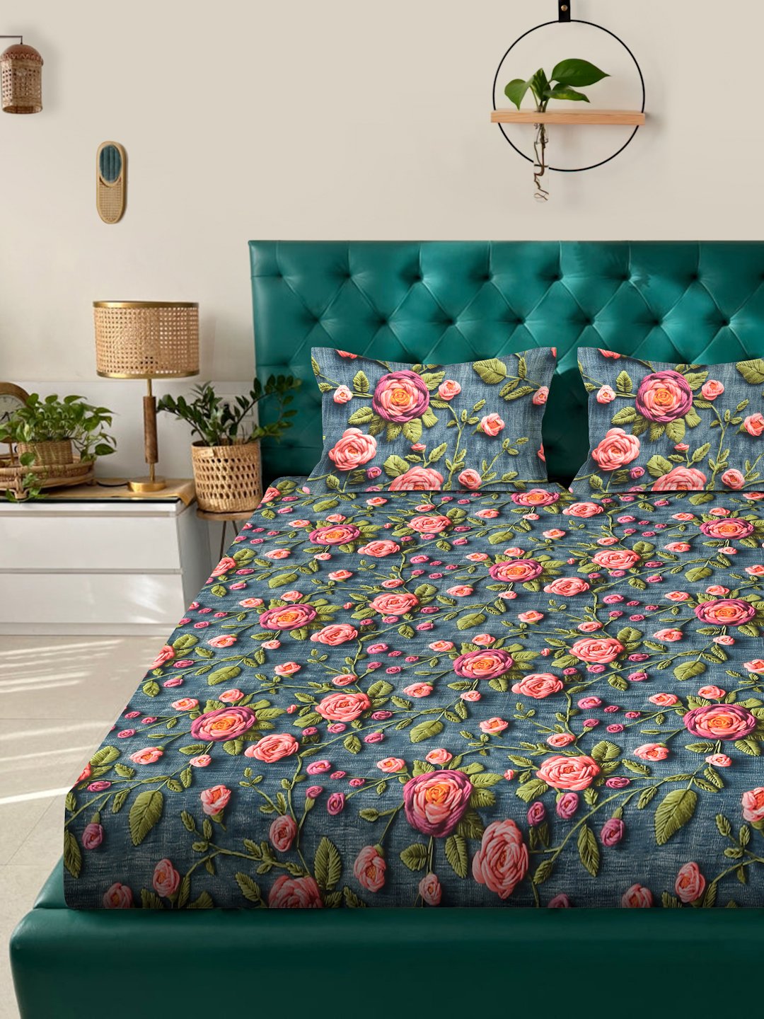 Turquoise Floral 7D King Size Cotton Blend Fitted Double Bedsheet with 2 Pillow Covers