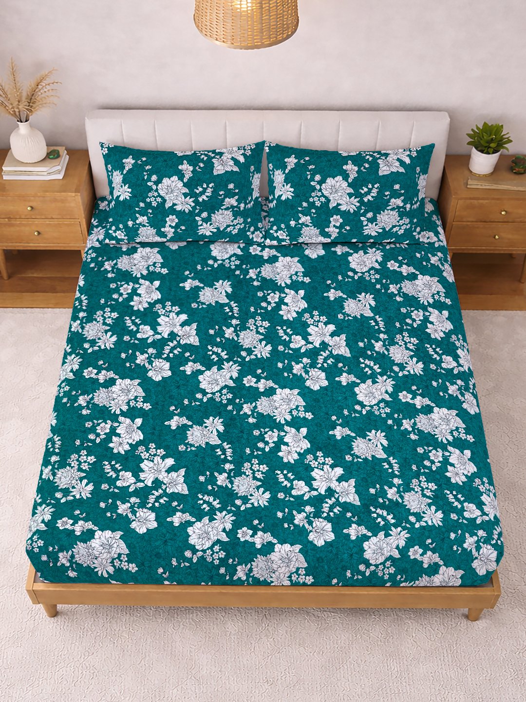 Green Floral Cotton Blend Fitted Double Bedsheet with 2 Pillow Covers