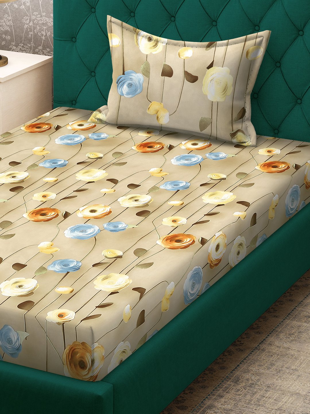 Beige Floral 7D Cotton Blend Fitted Single Bedsheet with Pillow Cover