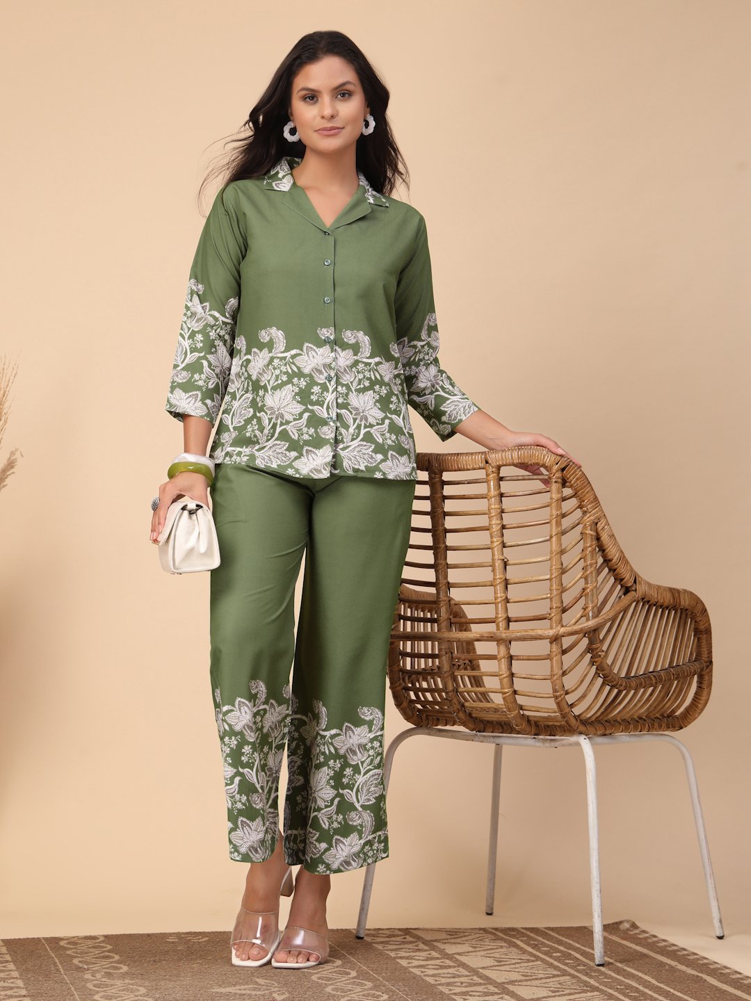 Green Cotton Printed Shirt With Trousers Co-Ords Set
