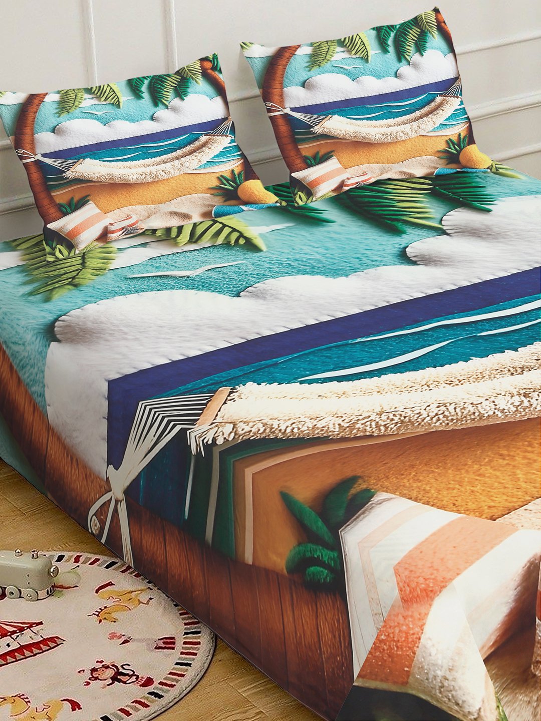 Multi 7D Abstract Printed Fitted Cotton Blend Double Bedsheet with 2 Pillow Covers