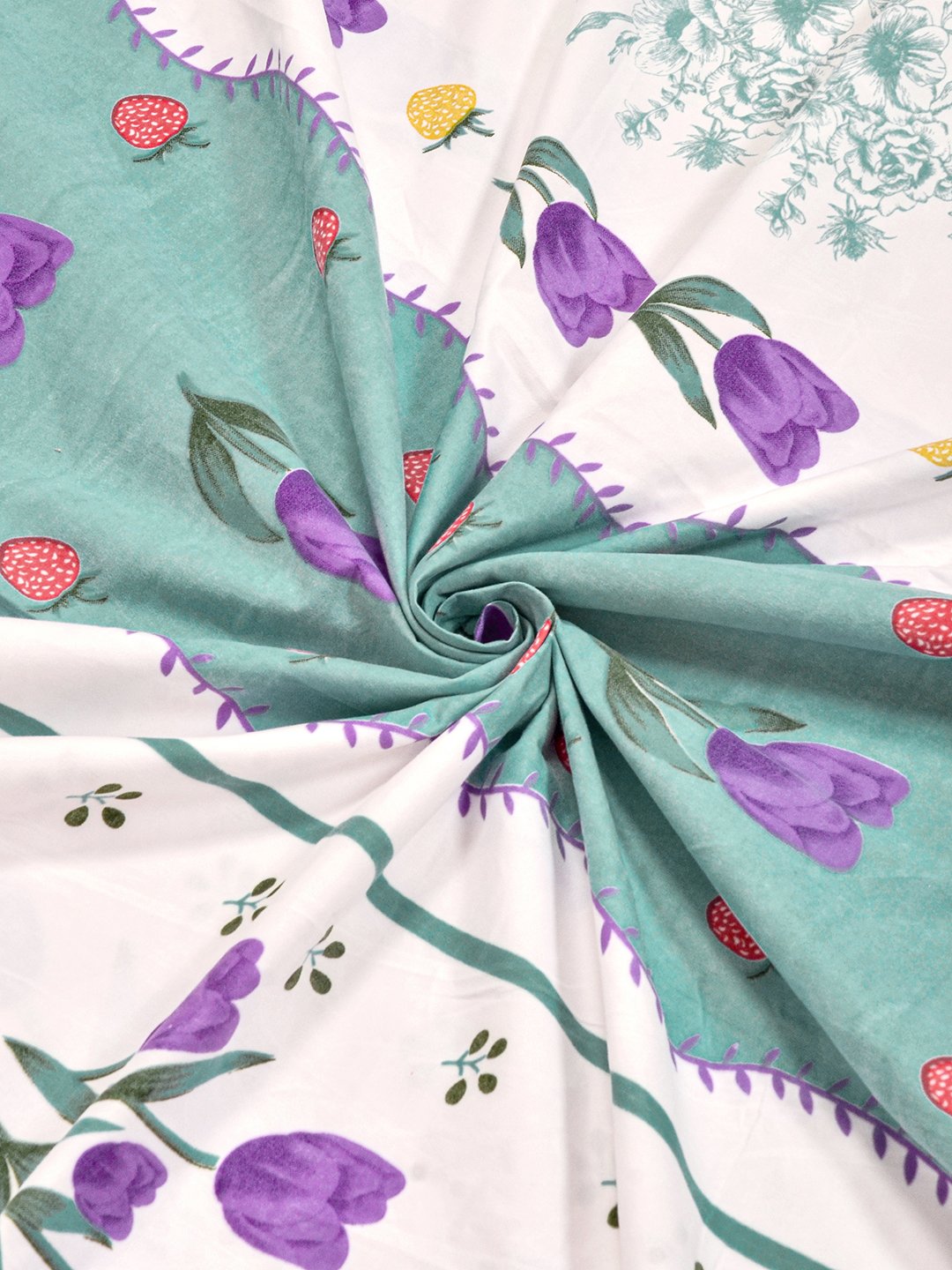 Green Floral 300 TC Cotton Blend Fitted Single Bedsheet with Pillow Cover
