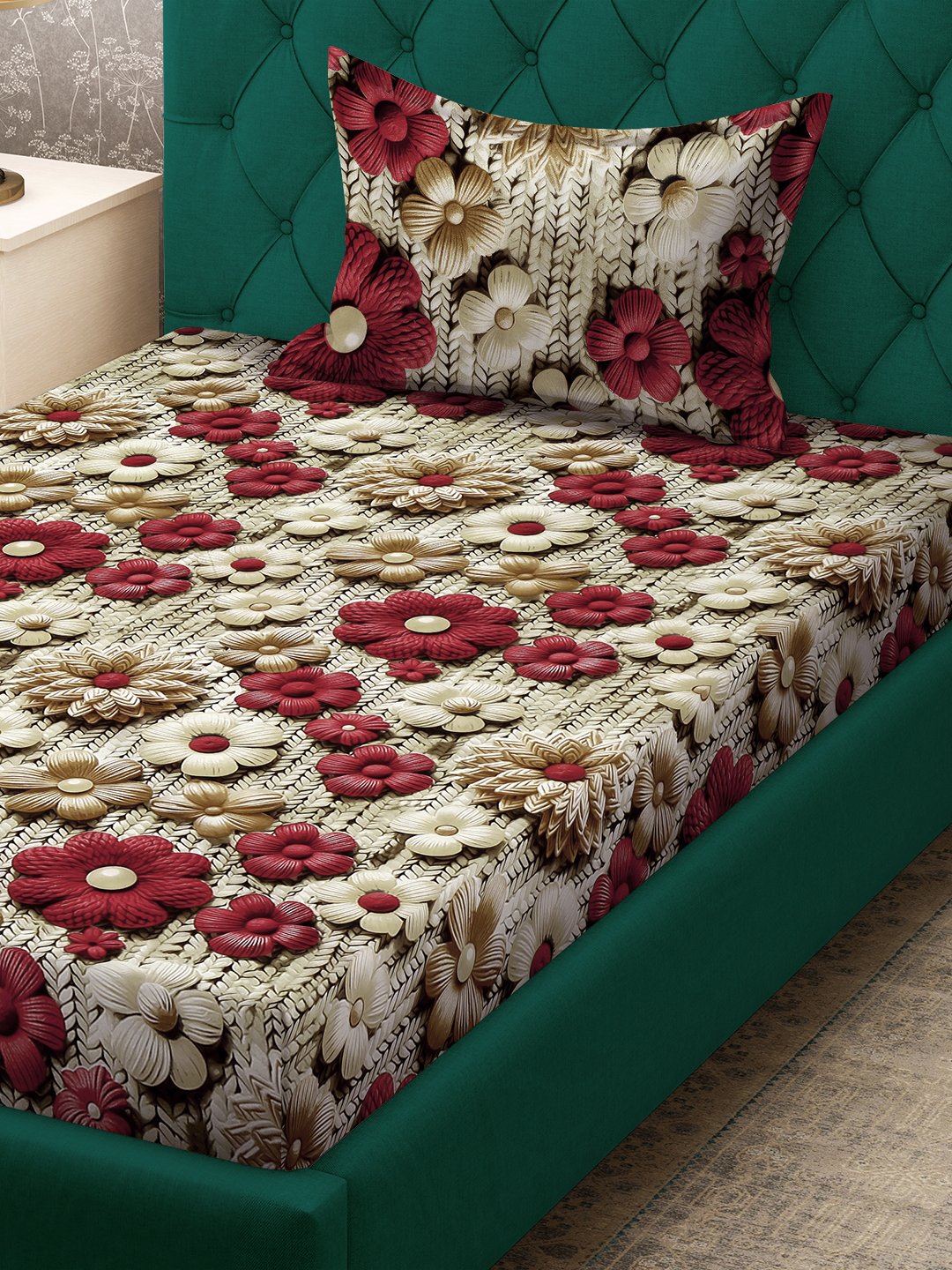 Beige Floral 7D Cotton Blend Fitted Single Bedsheet with Pillow Cover