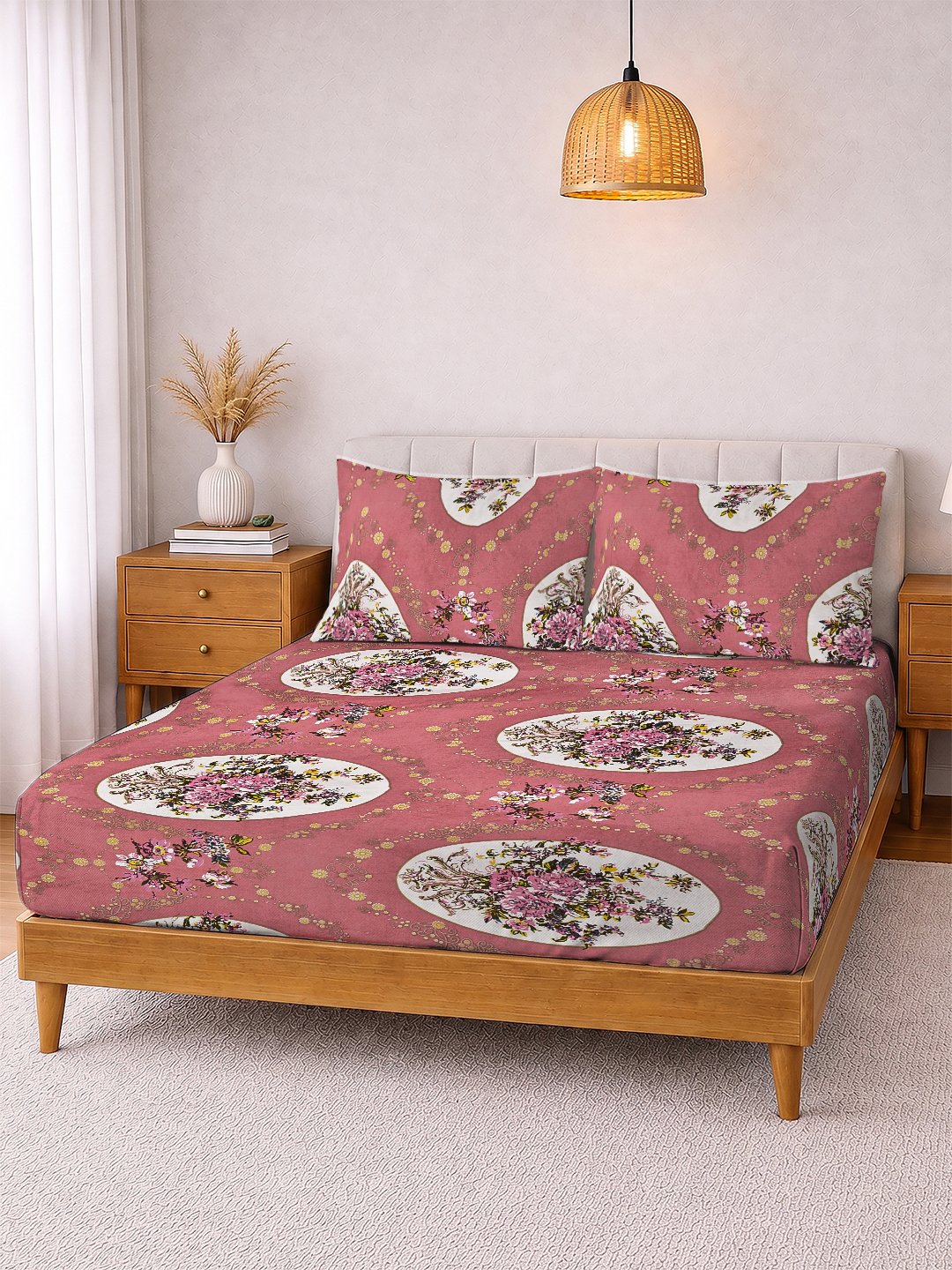 Rust Floral Cotton Blend Double Bedsheet with 2 Pillow Covers