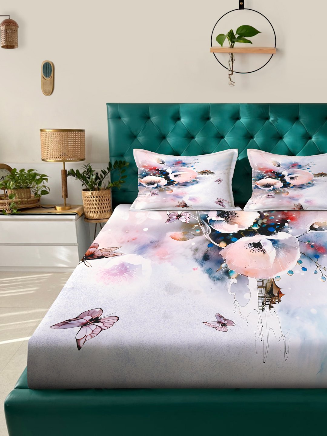 Multi Digital Floral Printed Cotton Blend Fitted Fitted Double Bedsheet with 2 Pillow Covers