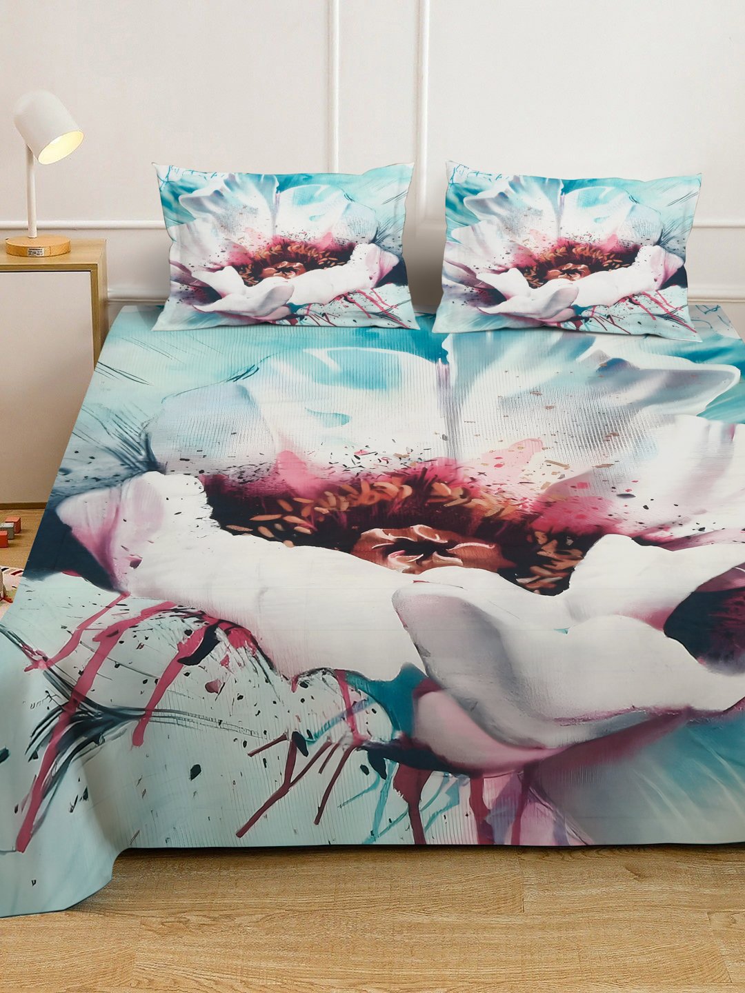 Multi Digital Floral Printed Cotton Blend Fitted Double Bedsheet with 2 Pillow Covers