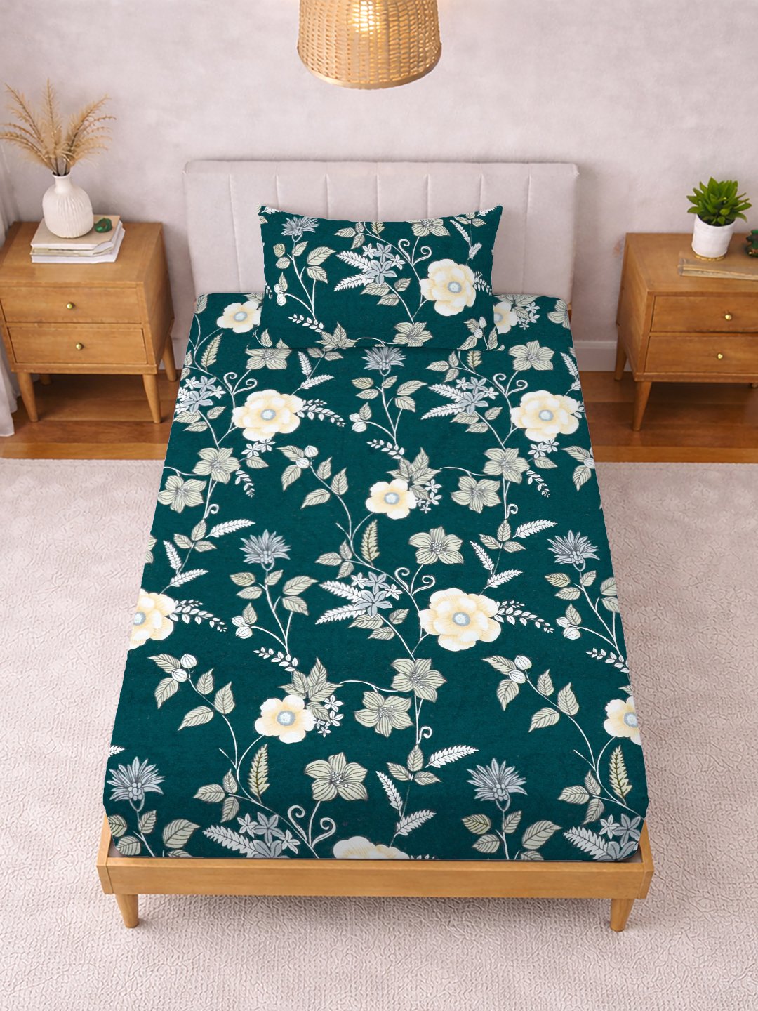 Green Floral Cotton Blend Fitted Single Bedsheet with Pillow Cover