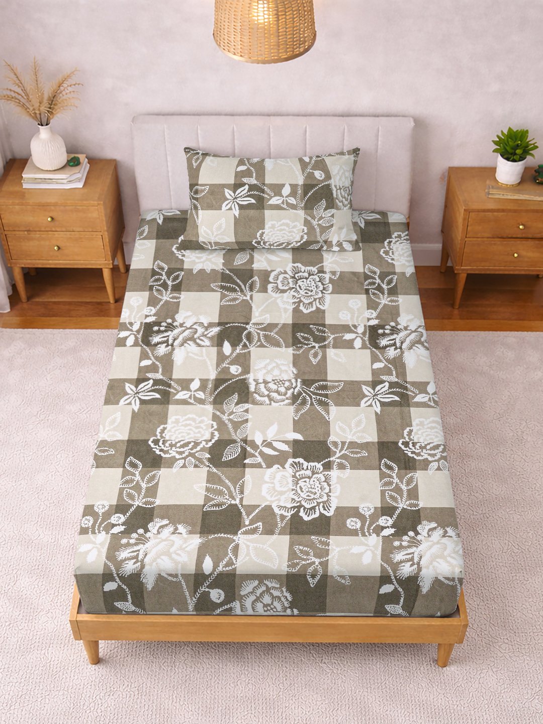 Begie Floral Cotton Blend Fitted Single Bedsheet with Pillow Cover