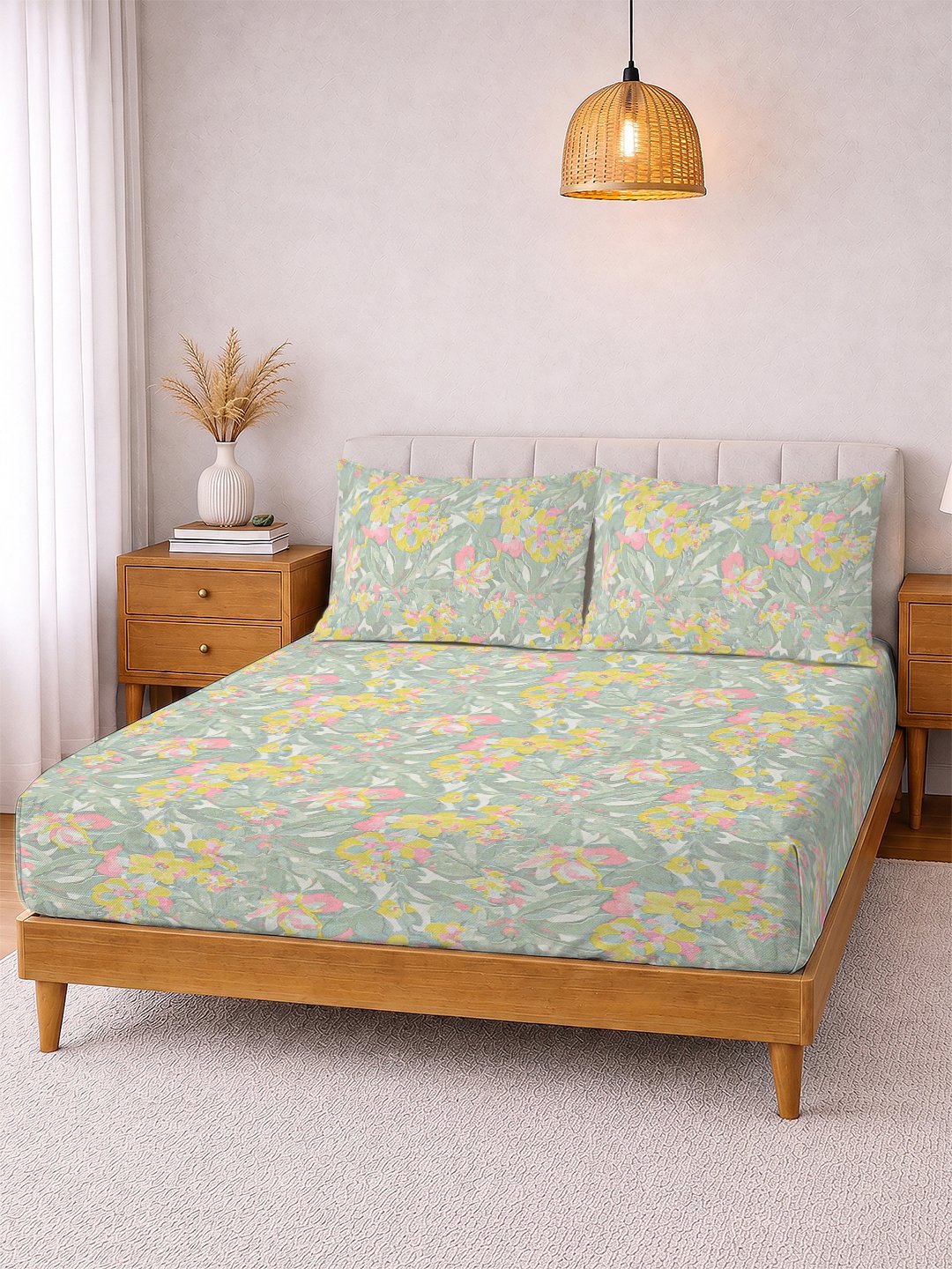 Green Floral Cotton Blend Double Bedsheet with 2 Pillow Covers