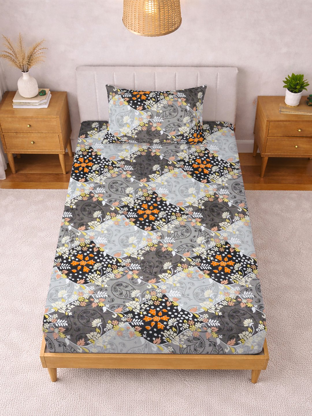 Grey Floral Cotton Blend Fitted Single Bedsheet with Pillow Cover