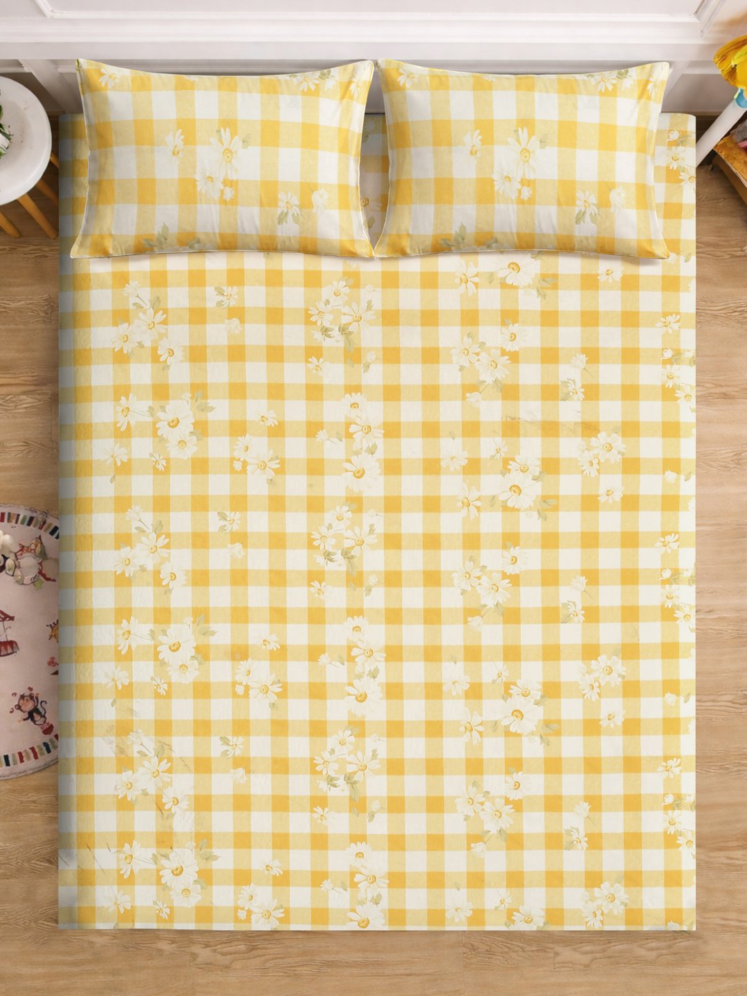 Yellow Floral Cotton Blend Double Bedsheet with 2 Pillow Covers