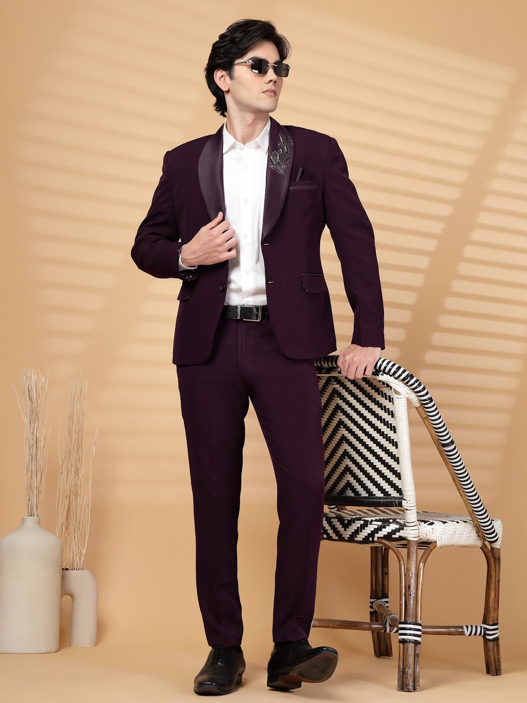 Wine Solid Embroidery Single-Breasted Two-Piece Party Suit