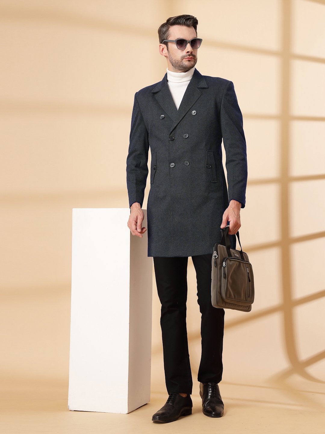 Dark Grey Long Sleeve Double-Breasted Woolen Coat