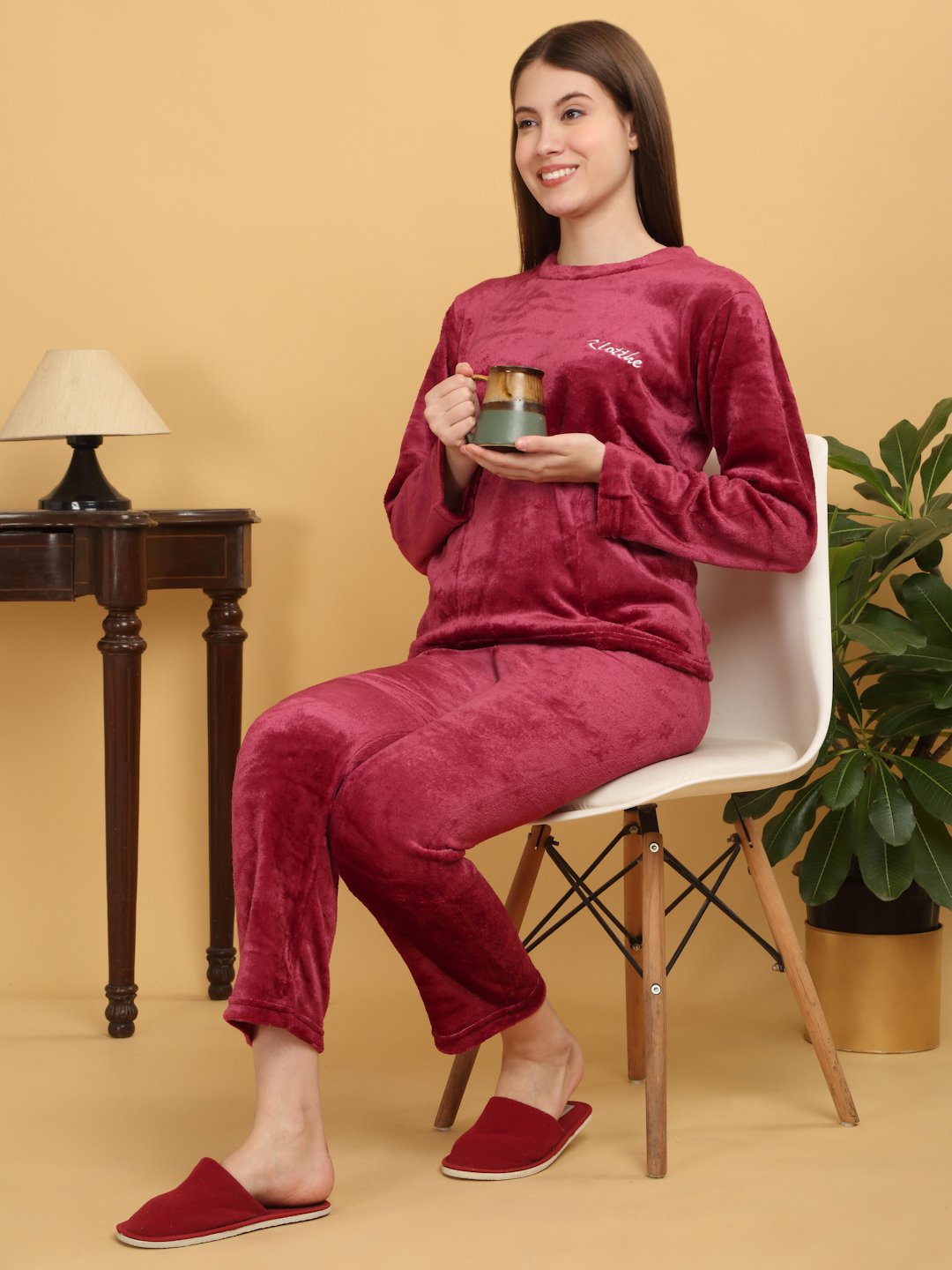Klotthe Women Red Solid Woolen Night Suit