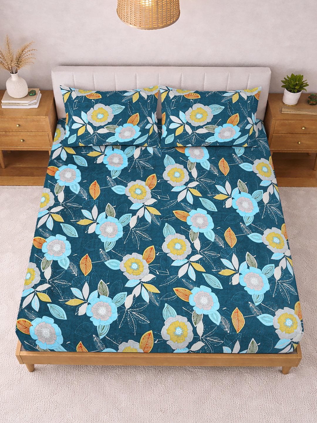 Blue Floral Cotton Blend Double Bedsheet with 2 Pillow Covers