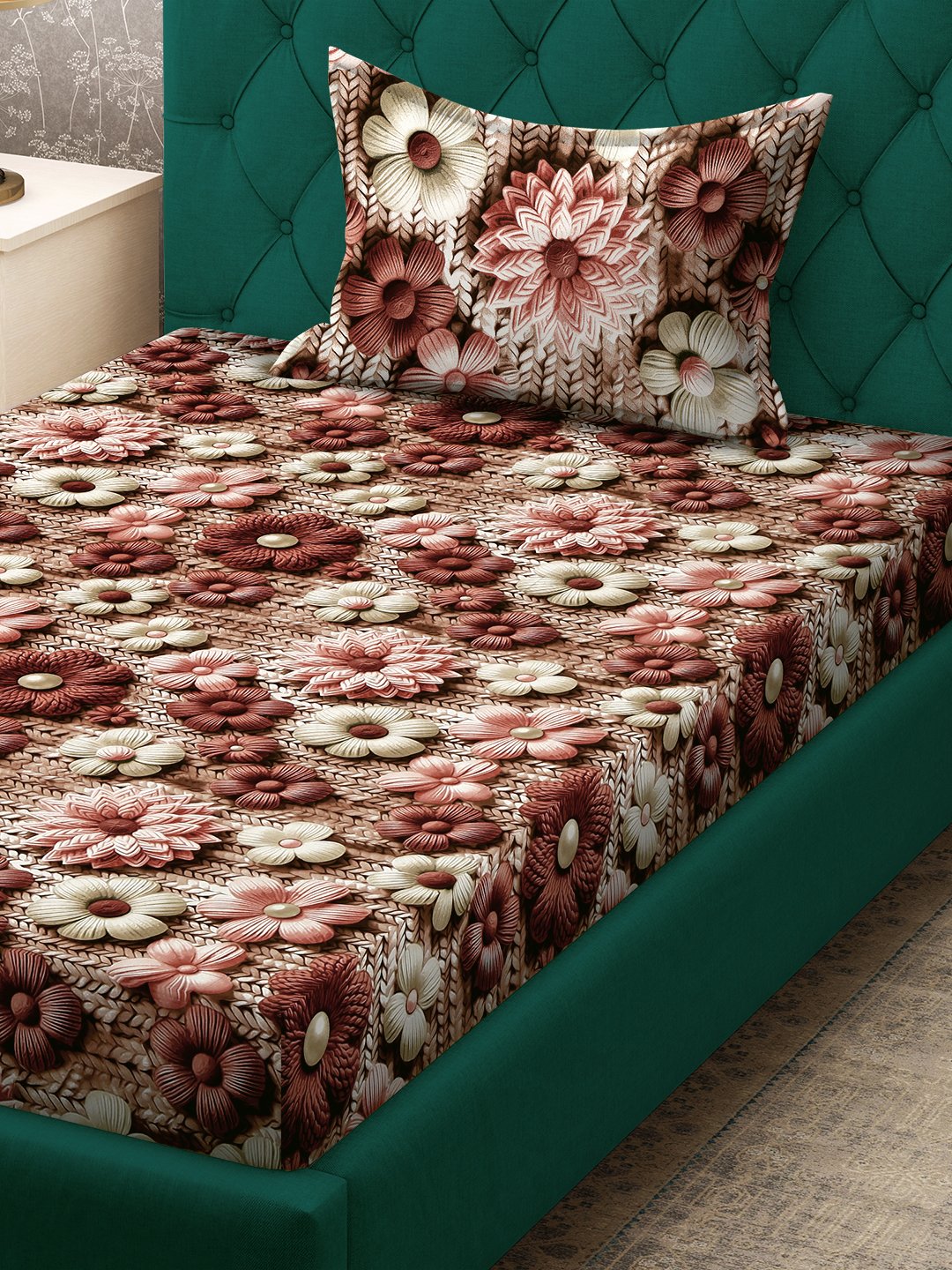 Brown Floral 7D Cotton Blend Single Bedsheet with Pillow Cover