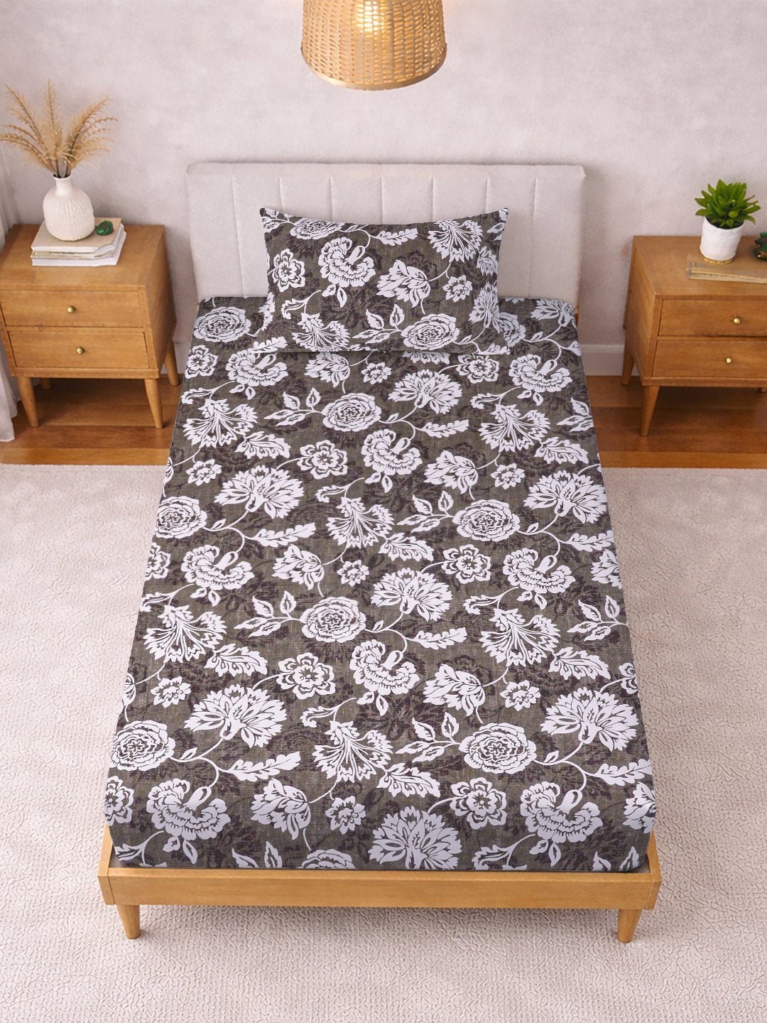 Brown Floral Cotton Blend Single Bedsheet with Pillow Cover