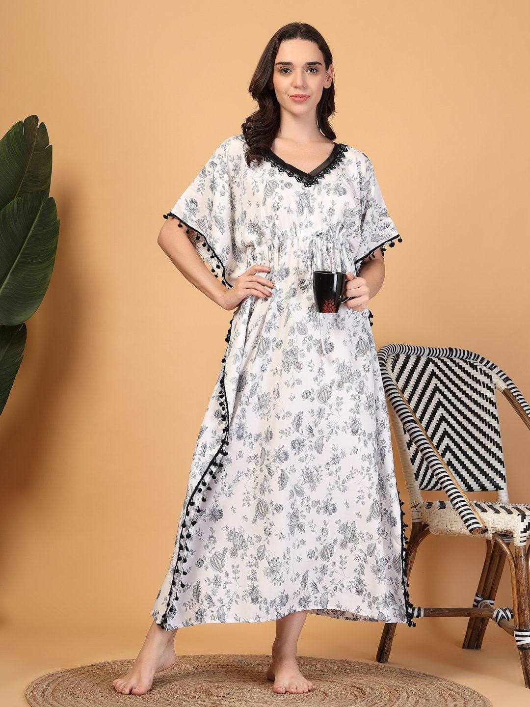 White Floral Cotton Blend Kaftan Maxi Nightdress