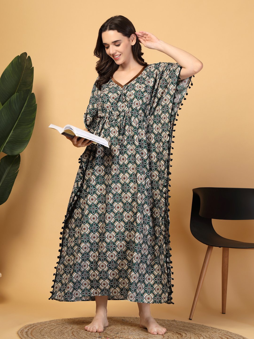 Green Floral Cotton Blend Kaftan Maxi Nightdress