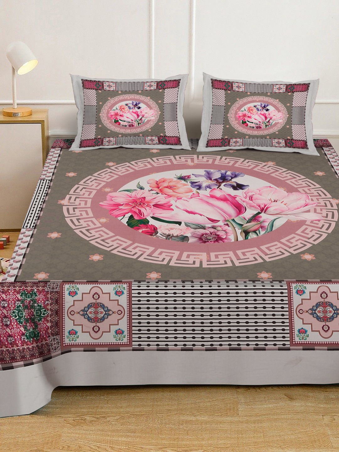 Multi Digital Floral Printed Cotton Blend Fitted Double Bedsheet with 2 Pillow Covers