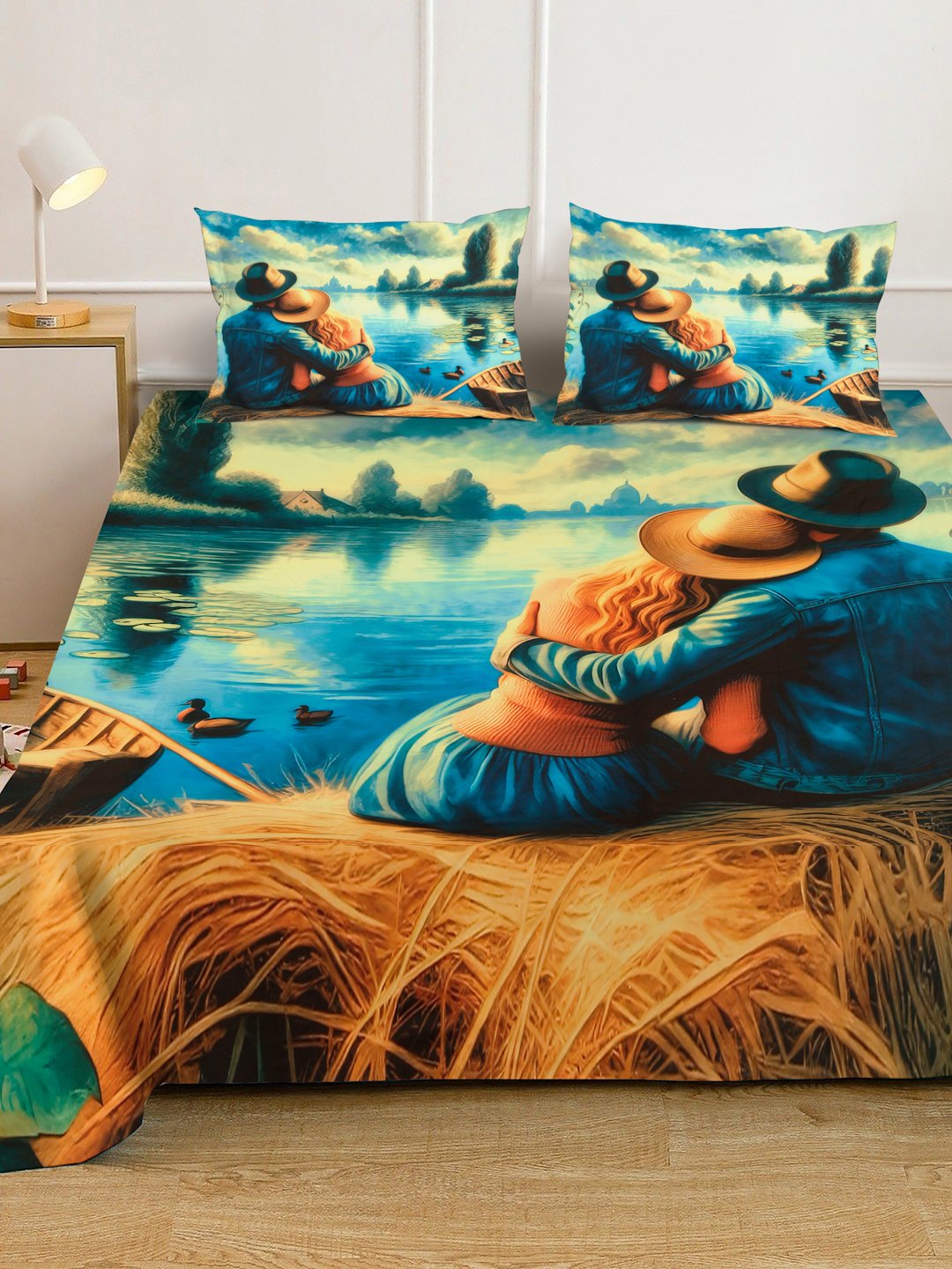 Blue Digital Abstract Printed Cotton Blend Fitted Double Bedsheet with 2 Pillow Covers