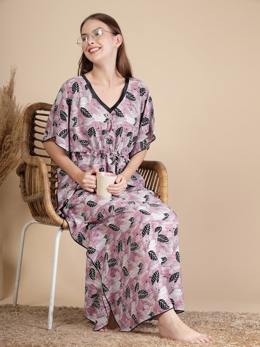 Pink Floral Cotton Blend Kaftan Maxi Nightdress