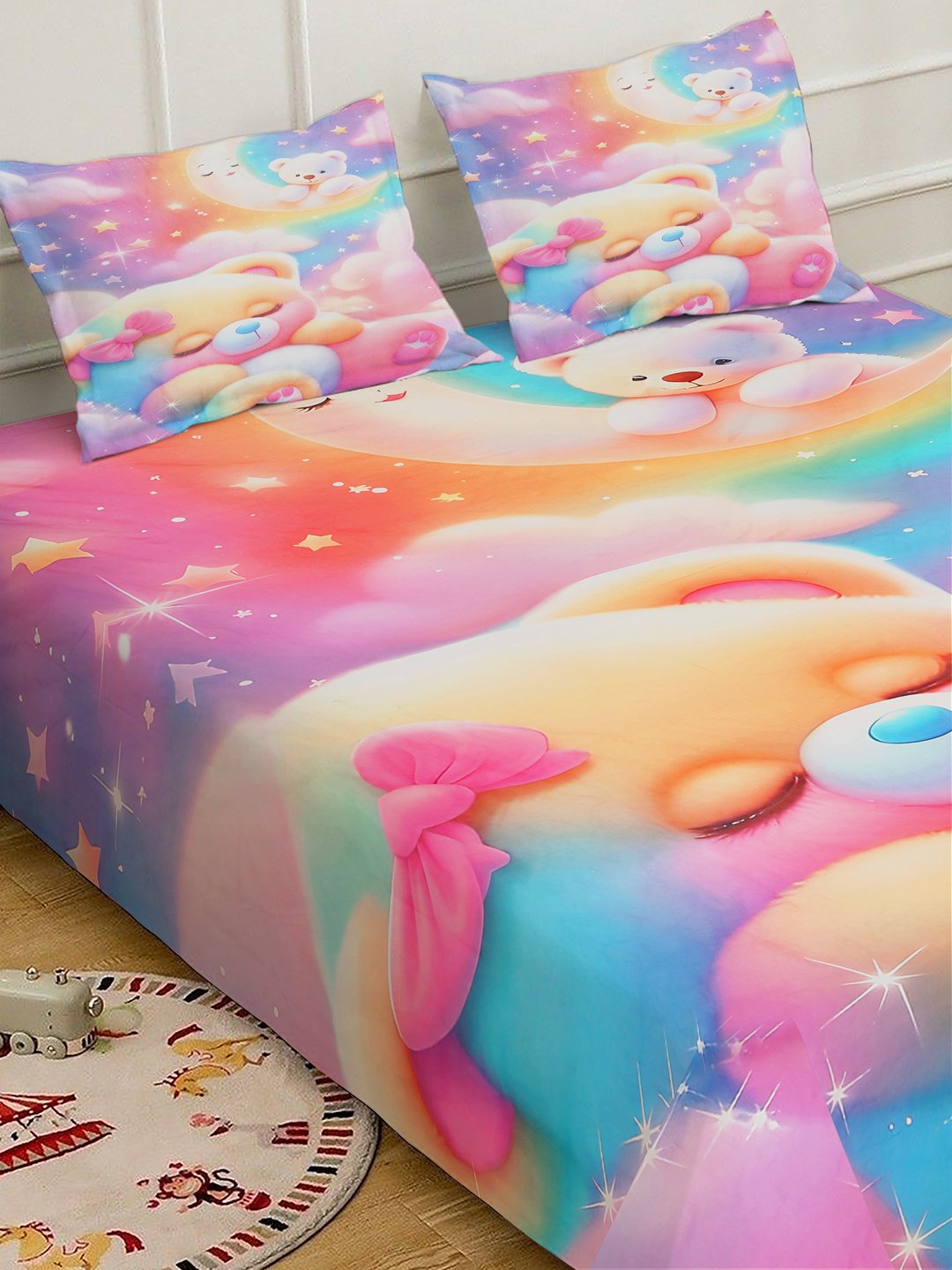 Multi 7D Cartoon Characters Printed Fitted Cotton Blend Double Bedsheet with 2 Pillow Covers