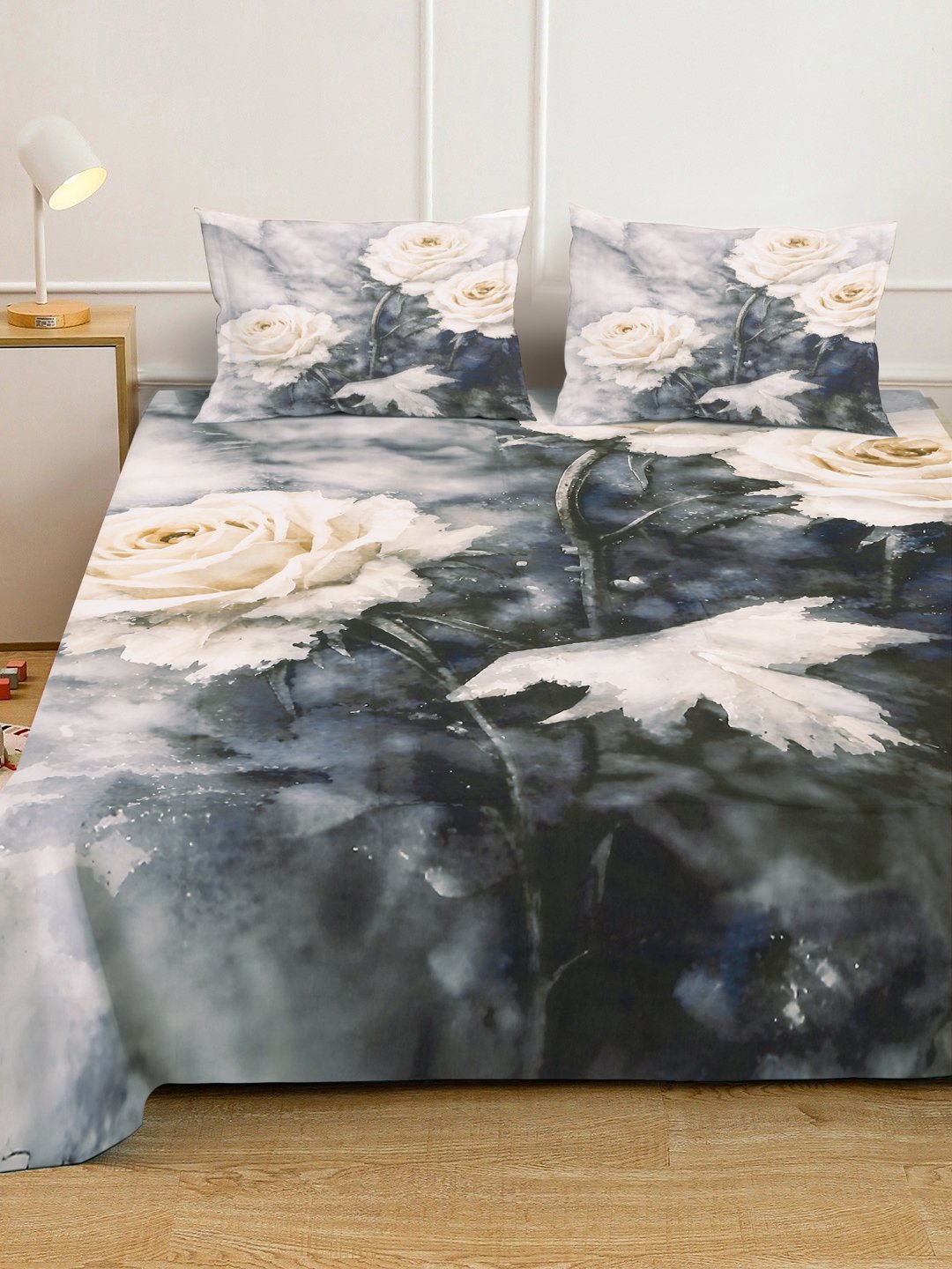 Grey Digital Floral Printed Cotton Blend Fitted Double Bedsheet with 2 Pillow Covers