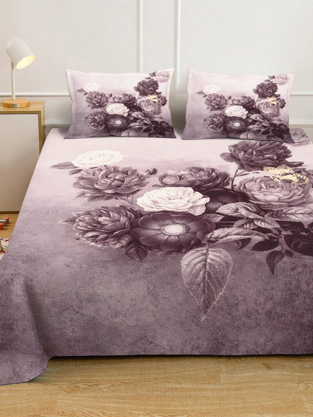 Wine Digital Floral Printed Cotton Blend Double Bedsheet with 2 Pillow Covers