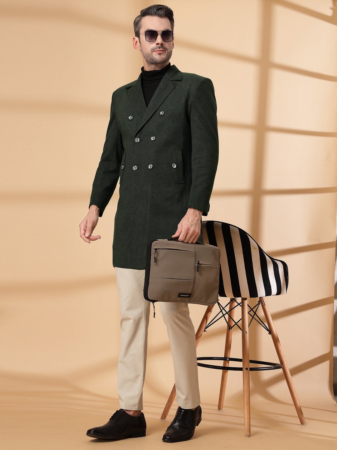 Olive Long Sleeve Double-Breasted Woolen Coat