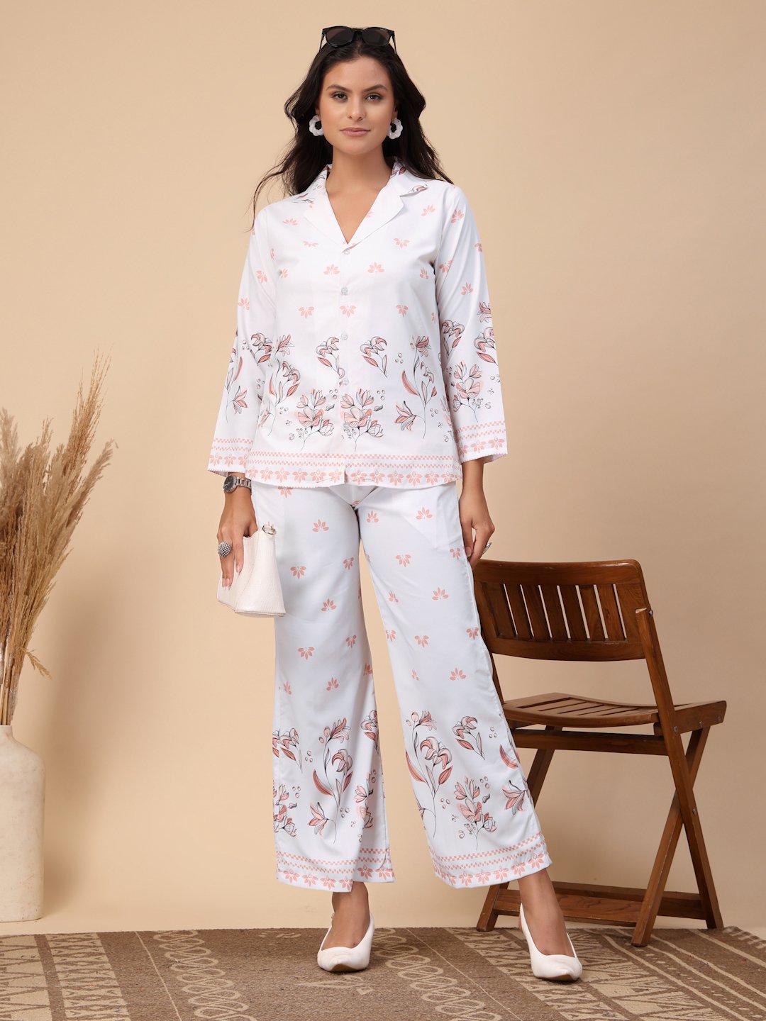 White Cotton Printed Shirt With Trousers Co-Ords Set
