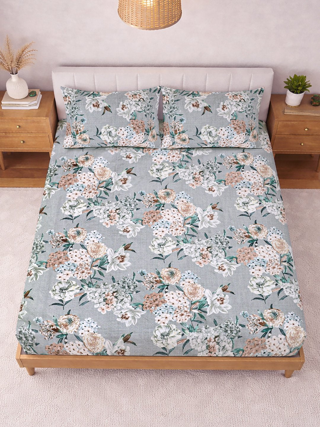 Grey Floral Cotton Blend Fitted Double Bedsheet with 2 Pillow Covers