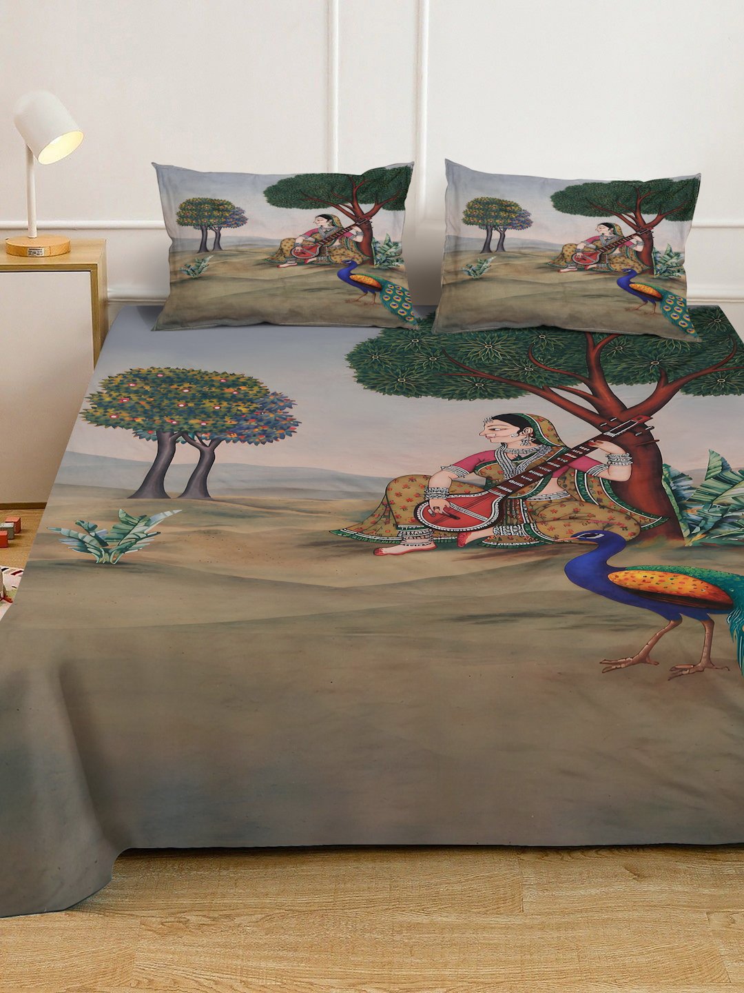 Multi Digital Ethnic Motifs Printed Cotton Blend Fitted Double Bedsheet with 2 Pillow Covers