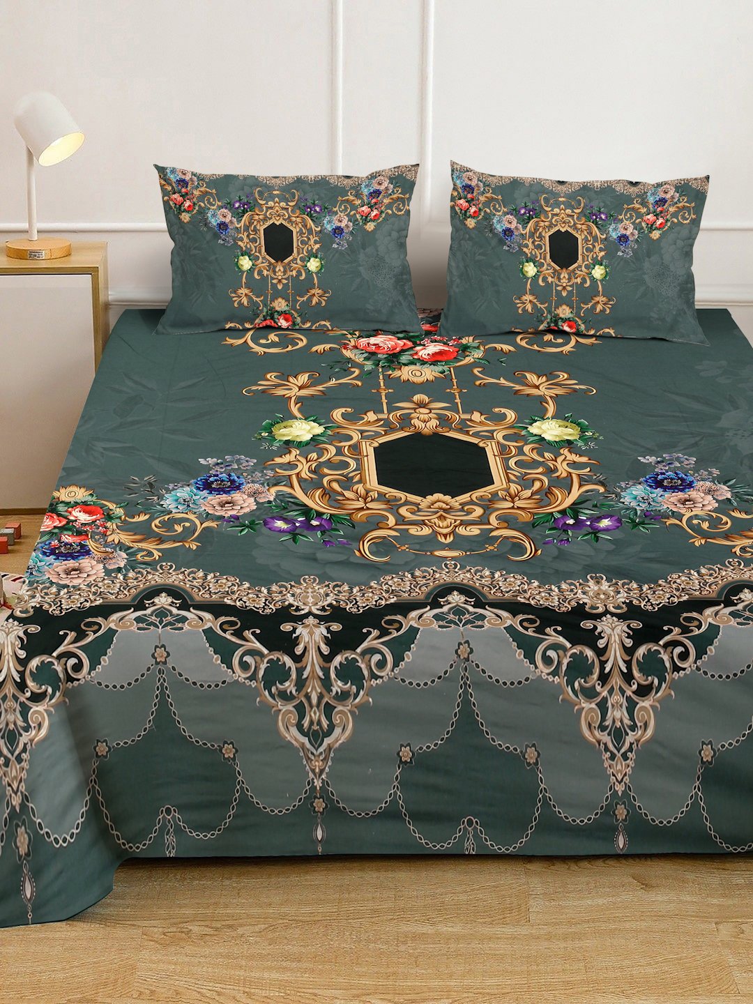 Green Digital Ethnic Motifs Printed Cotton Blend Double Bedsheet with 2 Pillow Covers