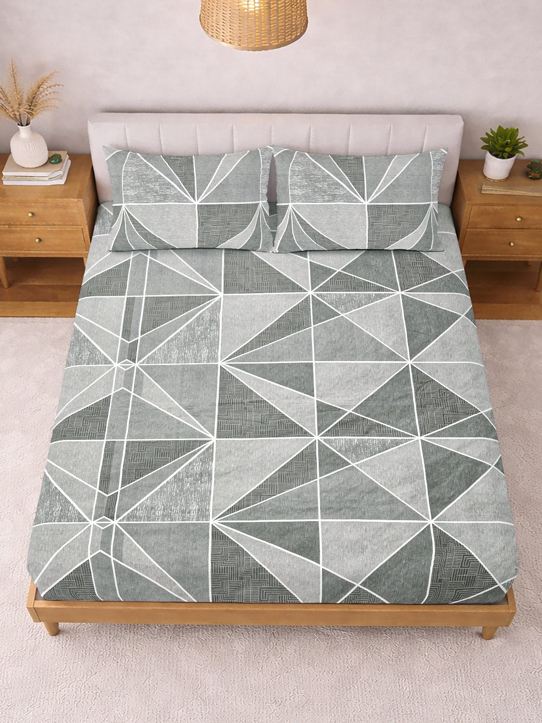 Grey Geometric Cotton Blend Fitted Double Bedsheet with 2 Pillow Covers