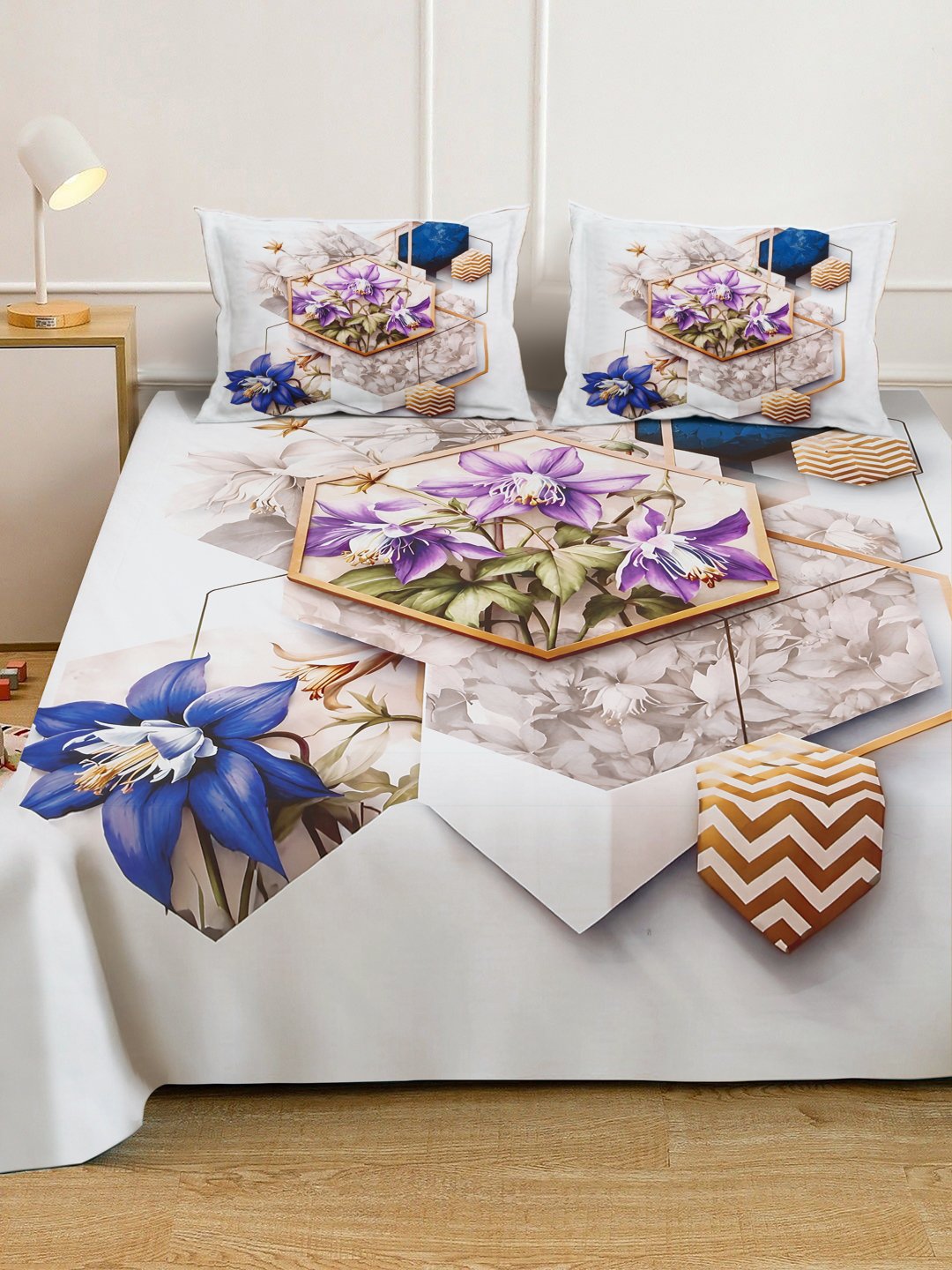 Multi Digital Floral Printed Cotton Blend Double Bedsheet with 2 Pillow Covers