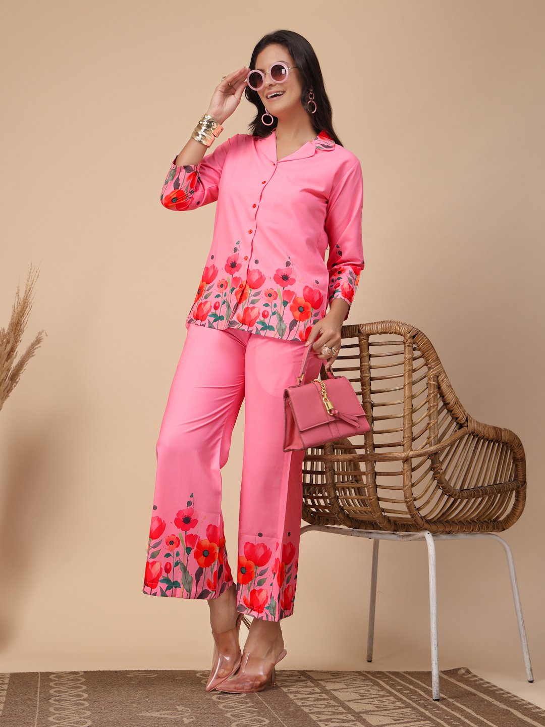 Pink Cotton Printed Shirt With Trousers Co-Ords Set