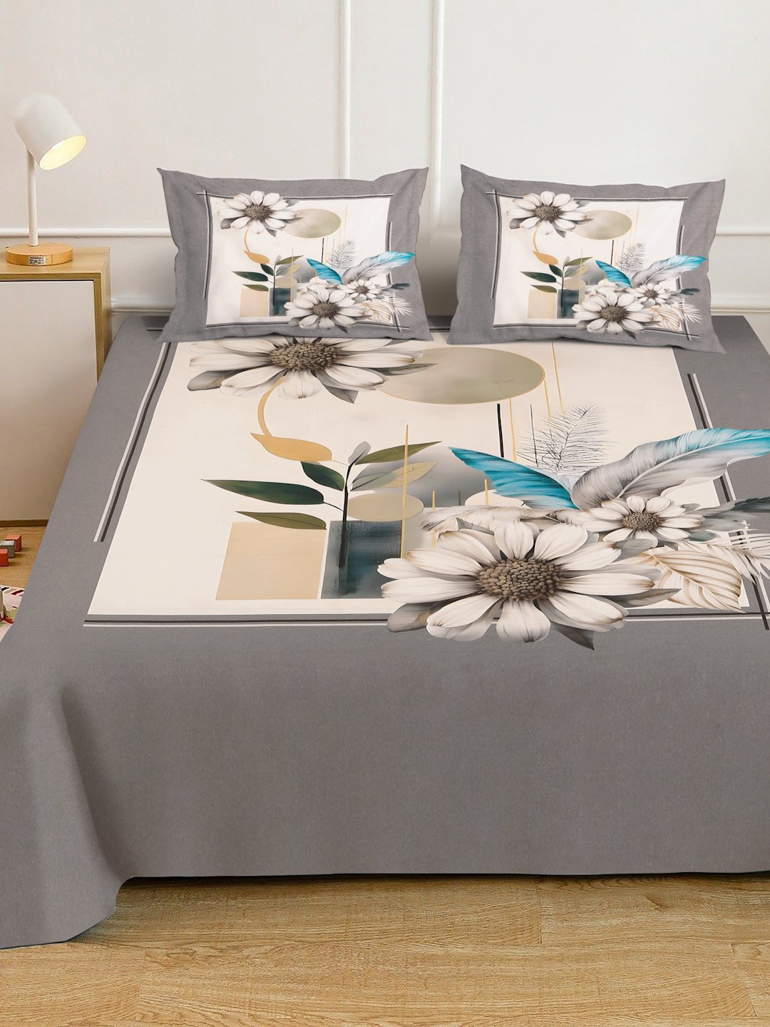 Grey Digital Floral Printed Cotton Blend Double Bedsheet with 2 Pillow Covers