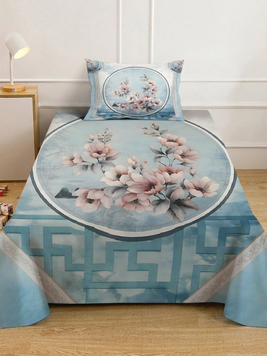 SkyBlue Digital Floral Printed Cotton Blend Fitted Single Bedsheet with Pillow Cover
