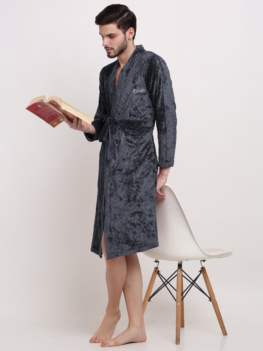 Men Grey Self Design Wool Bath Robe With Belt