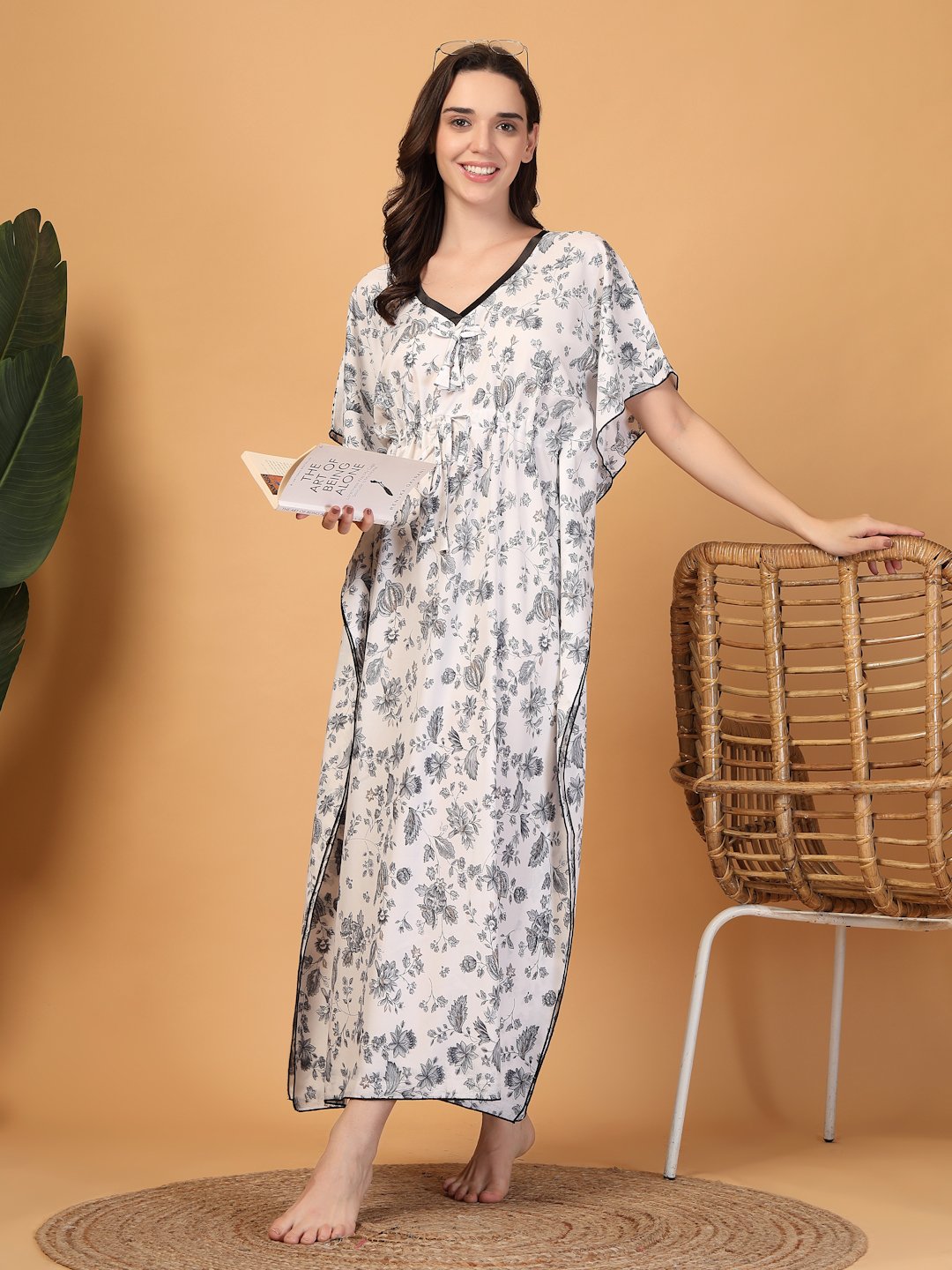 White Floral Cotton Blend Kaftan Maxi Nightdress